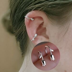 925 Sterling Silver Rose Flower Ear Cuff- No Piercing- Fake Piercing Earrings- N